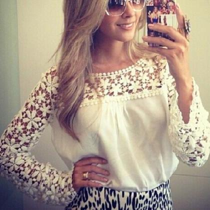 White Lace Stitching Loose Long-sleeved T-shirt