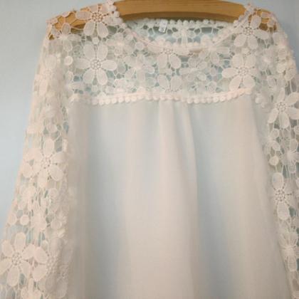 White Lace Stitching Loose Long-sleeved T-shirt