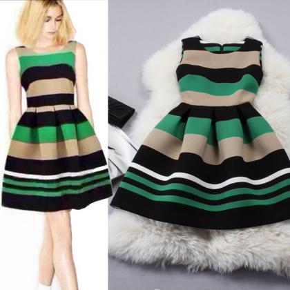 Sweet Lady Stitching Color Striped Dress